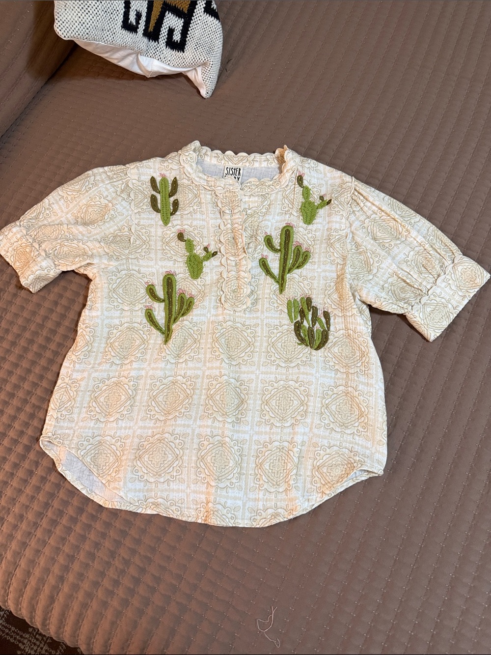 Sister Jane White Blouse with Green Cactus Embroidery